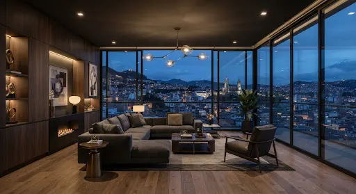 Penthouse con vista panorámica de Quito en Bellavista, sala con ventanales de piso a techo